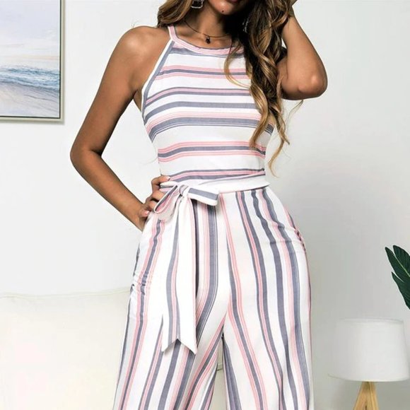 Italian  Pink Stripe Jumpsuit with Pockets - Picture 5 of 16